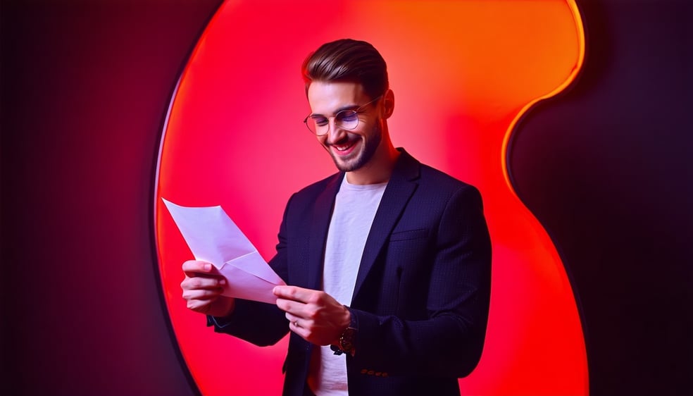 a caucasian businessman opening a letter with a smile futuristic style colors are neon red and black with hints of orange and purple-Jul-10-2025-04-55-47-9345-AM