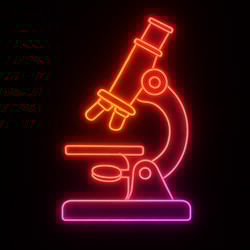 a red and orange and purple neon microscope on a black background-1