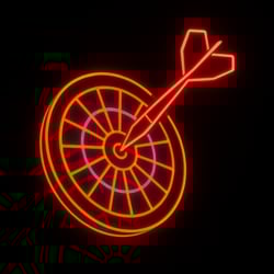 a red neon dart hitting a dartboard with hints of orange and purple  on a black background-4