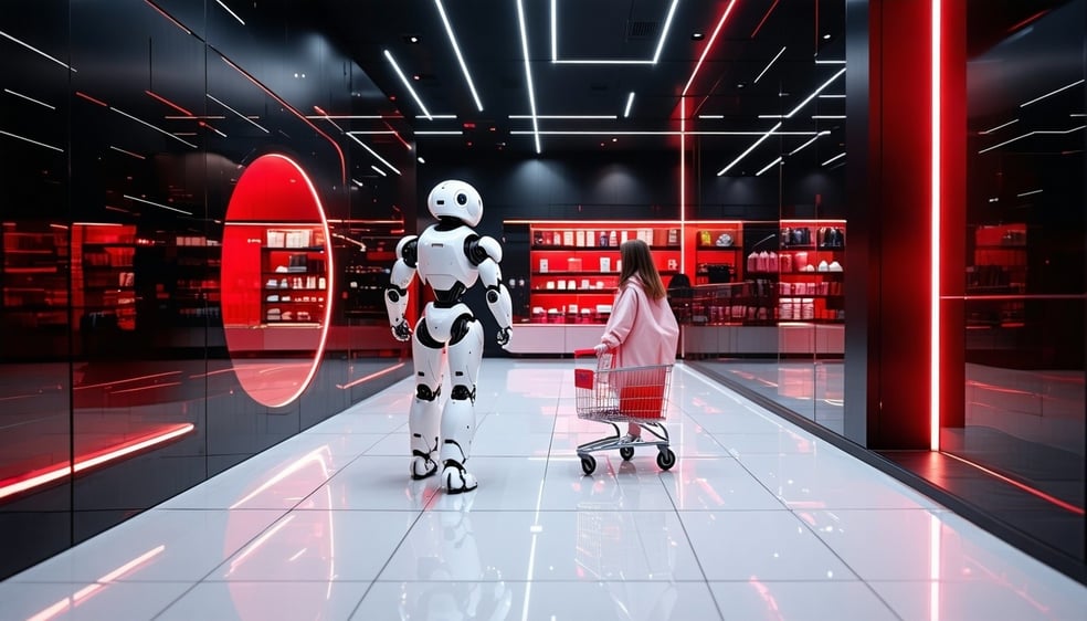 futuristic shopping center with an android leading a shopper through the scene black and red minimalist-1