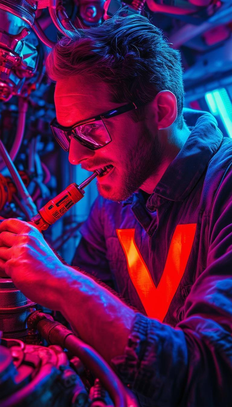 An engineer with a screwdriver between their teeth, with a red letter v on their shirt, working on a futuristic spaceships engine An engineer with a screwdriver between their teeth, with a red letter v on their shirt, working on a futuristic spaceships engine