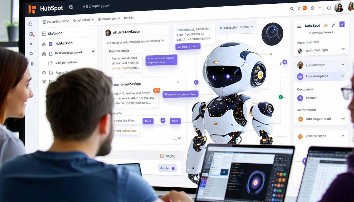 Team collaborating on AI chatbot design in a HubSpot dashboard