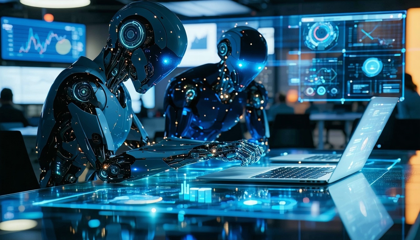 Business leaders reviewing AI chatbot analytics and performance metrics